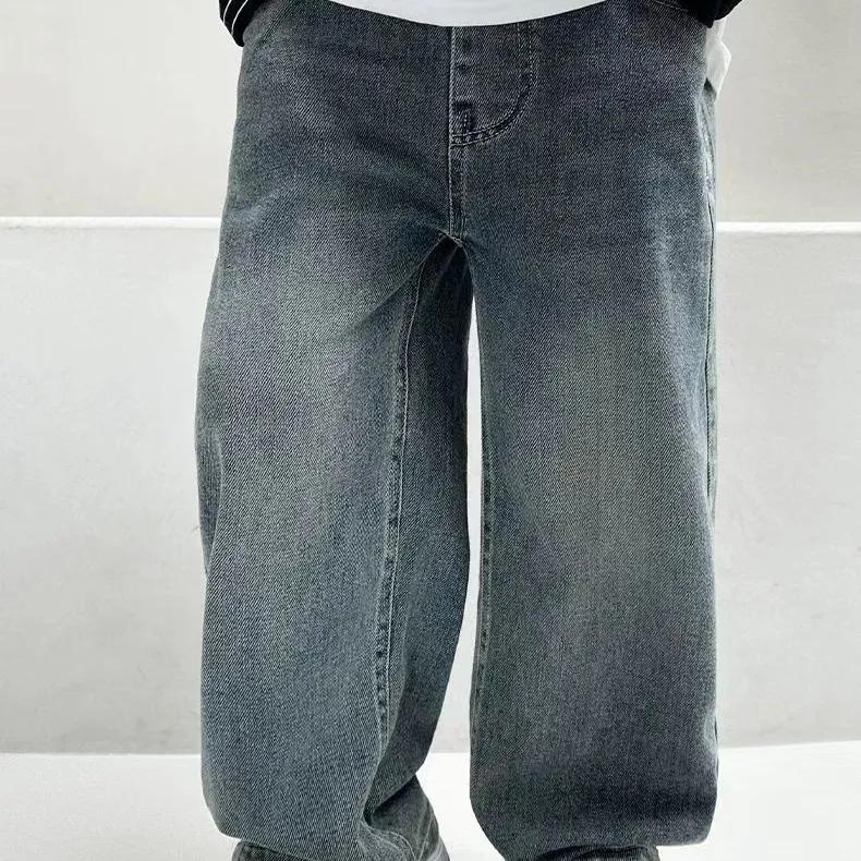 Весенние и осенние джинсы для мальчиков, мягкие свободные прямые широкие повседневные универсальные детские брюки