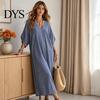 Breathable Beach Dress Women V-Neck Striped Dress, Summer Half Sleeve Casual Ankle Daily Length Loose Swing for Vacation Wear Soft