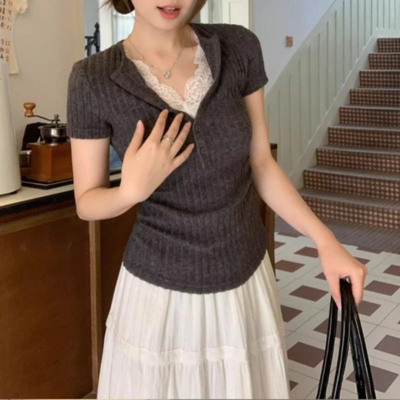 Хараюку Сладкий сексуальный кружевной V-образный вырез y2k топ женская футболка лето винтажный повседневный облегающий фейк из двух частей футболки для женщин пуловер