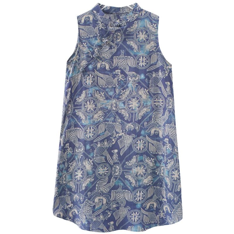 Ретро Модифицированная юбка-чеонгсам с дисковыми пуговицами Свободное утягивающее платье без рукавов с принтом