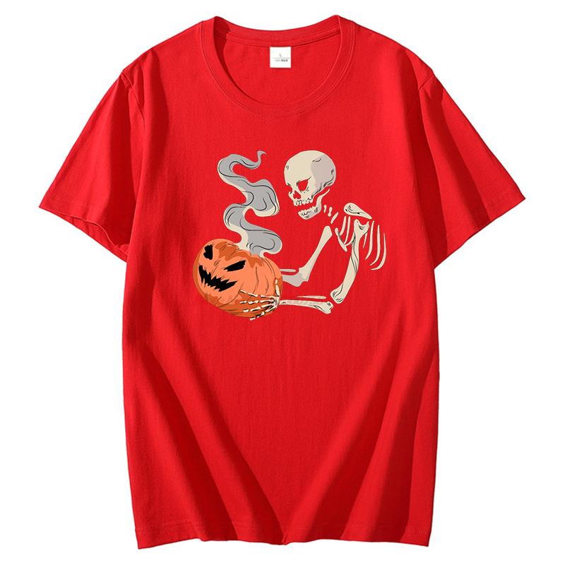 Skeleton With Pumpkin Head Funny Graphic T Shirts Halloween Breathable Printing Tees Tops Summer Cotton Casual Oneck T Shirt