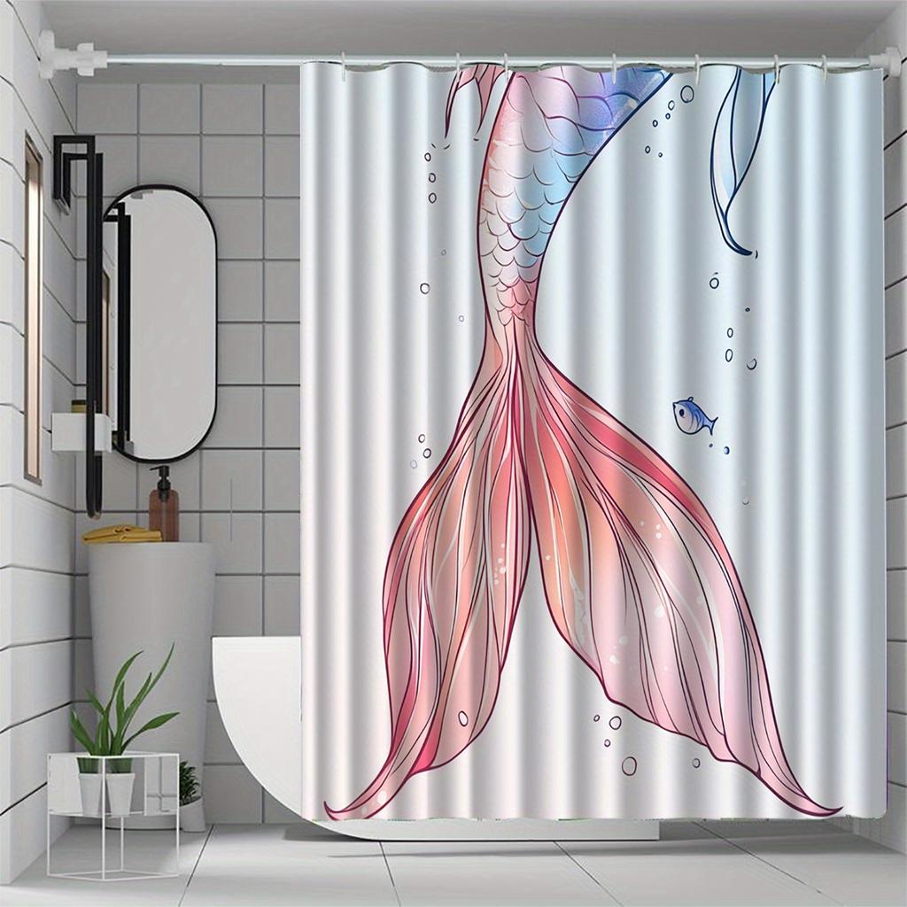 1pc fish tail pattern shower curtain with hook, bathroom partition, bathroom accessories, home decoration