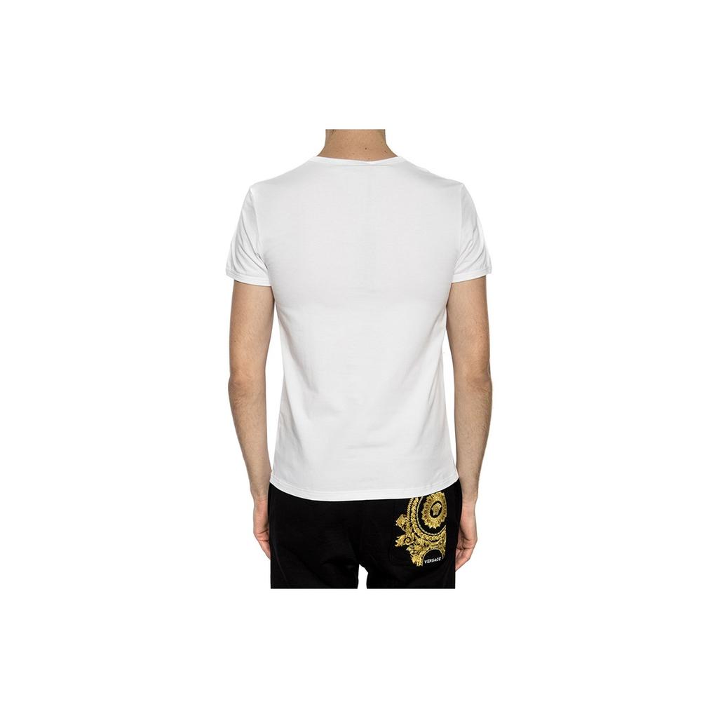 Versace Однотонная футболка с принтом логотипа, V-образным вырезом и короткими рукавами для мужчин, Топы Белый AUU01004-A232741-A1001