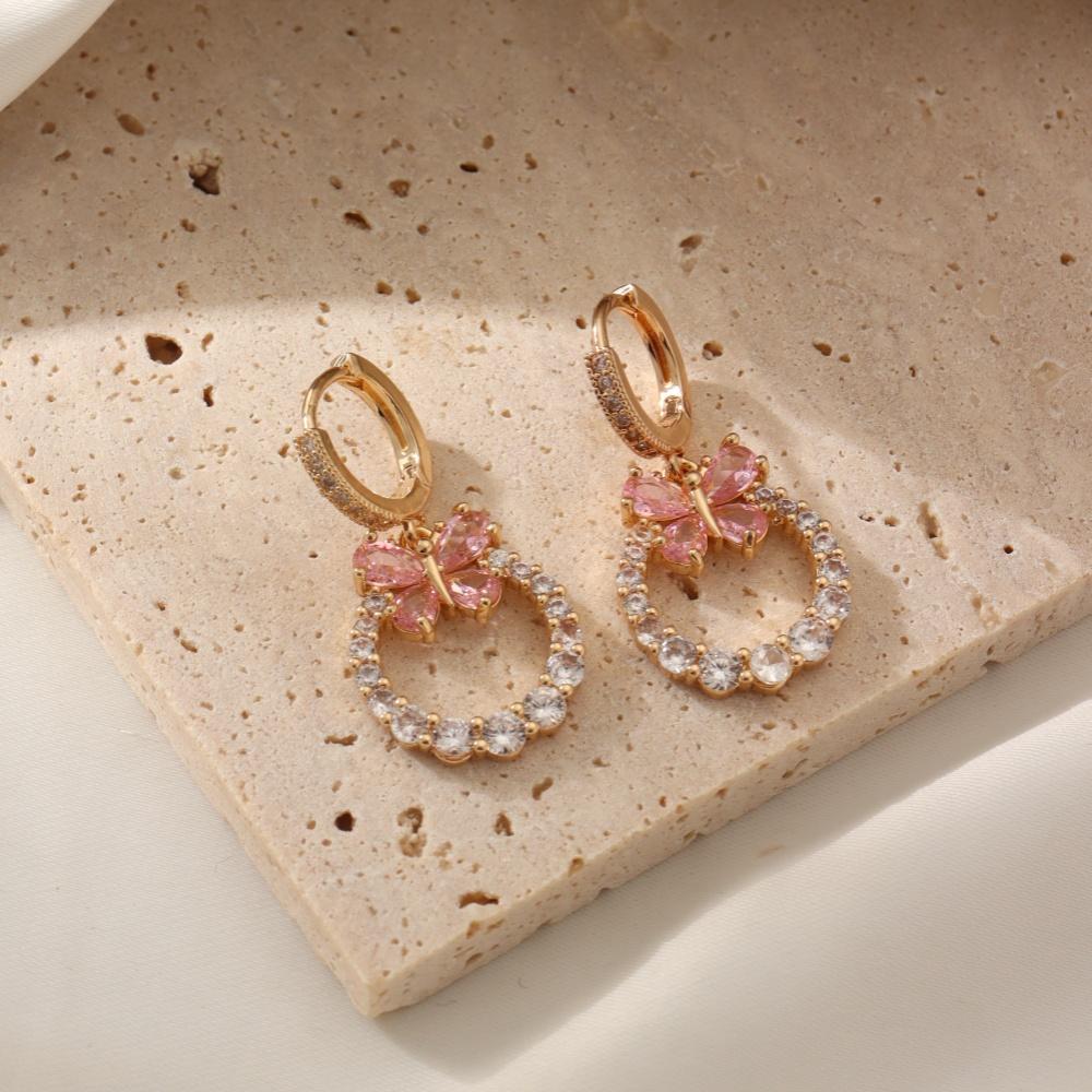 Pink Butterfly Zirconia Dangle Earrings for Women Earring Jewelry Wedding Party Accessories