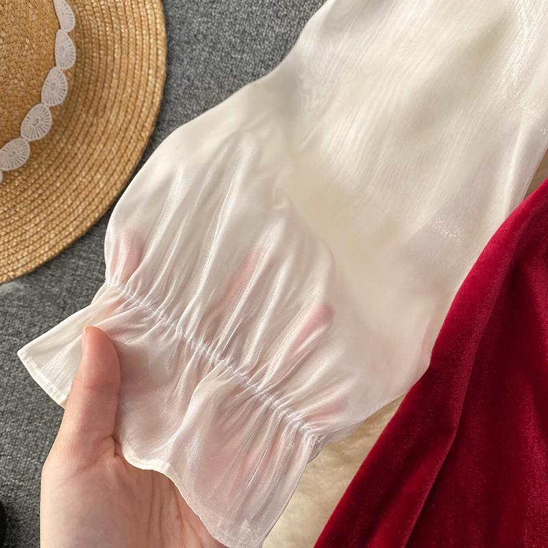 Elegant Ruffle Patchwork Velvet Dress Women Contrast Color Long Sleeve Split Evening Dresses Autumn Winter New Sweet Red Prom Clothes