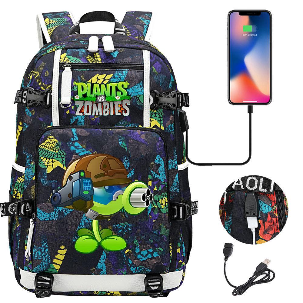 Plants vs Zombies USB Headphone Backpack for Teens Students Casual Travel Daypack Large Capacity Laptop Bag
