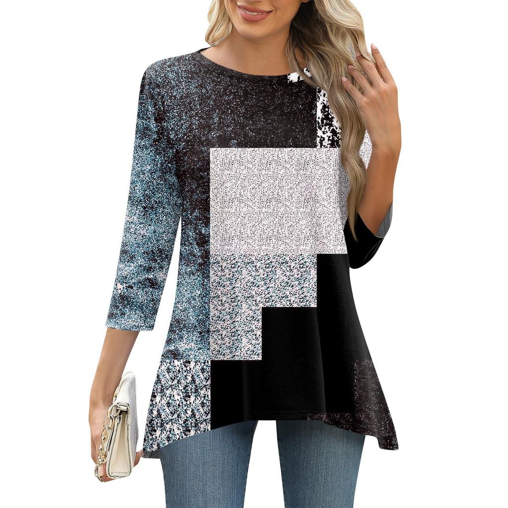 3/4 рукав туника топы для женщин принтованный повседневный выходной свободный крой модная базовая футболка с круглым вырезом