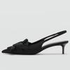 Black Satin Pleated Bow Design High Heels Women Fashion Pointed Toe Kitten Heel Slingback Sandals Elegant Banquet Dress Shoes