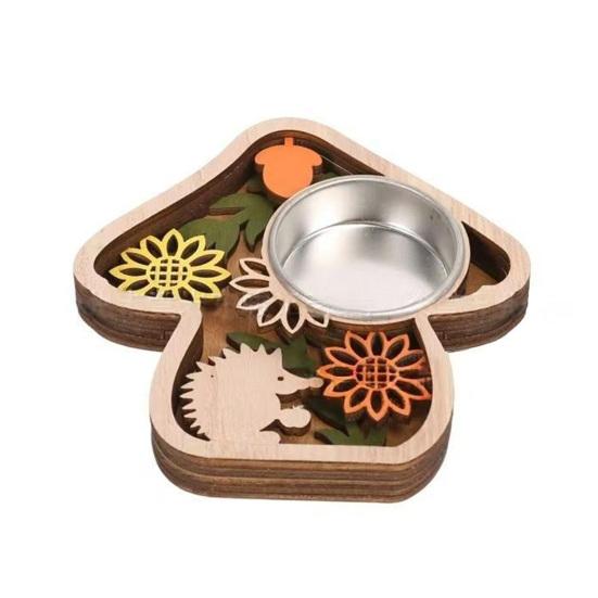 Wooden Candle Plate Holder Tray Tabletop Tealight Pillar Display Tray Wood Pumpkin Bat Ghost Maple Leaf Table Centerpiece for Halloween Thanksgiving