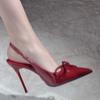 Spring and Summer New Burgundy Patent Leather Bow Pointed High Heels Women's Thin Heels Versatile Temperament Bag Head Sandals