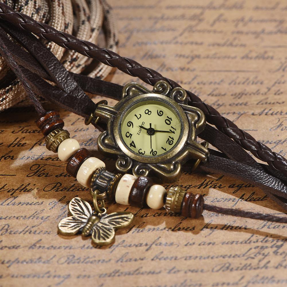 Наручные часы с кварцевым аналоговым браслетом из искусственной кожи с подвеской в виде бабочки (Кофейный ремешок)