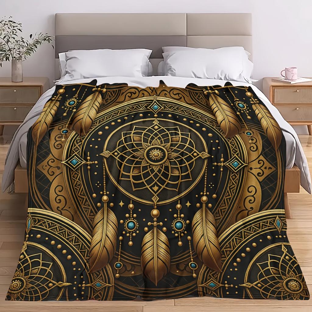 Comfortable Dreamy Feather Mandala Pattern Flannel Blanket Soft High-Definition Digital Print Black and Golden Geometric Ethnic Design Cooling Blanket