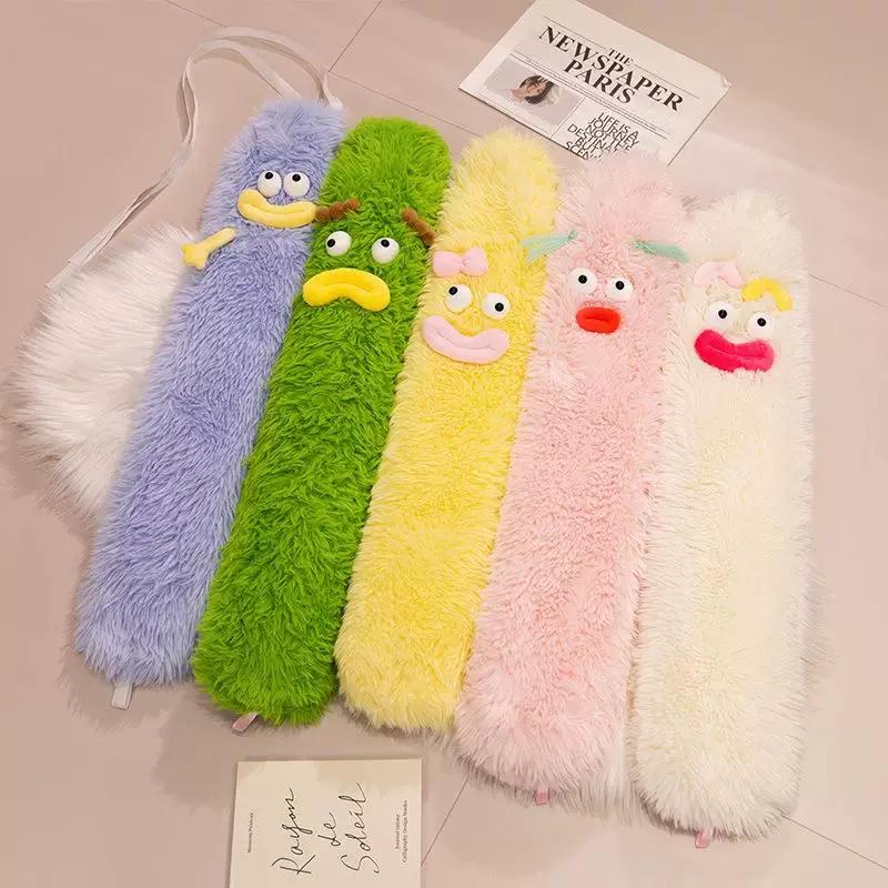 Cartoon Big-Eyed Ugly-Cute Warm Bed Water-Filled Hot Water Bottle, Large Long Strip Water-Filled Hot Water Bottle, Ugly-Cute Plush Cover Hot Water