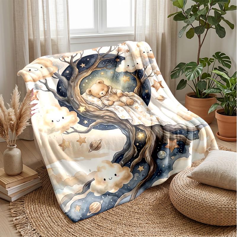Teddy in Starry Tree Theme blanket Lightweight Warm Flannel Blanket Decorative Throw Blanket for Home Decoration