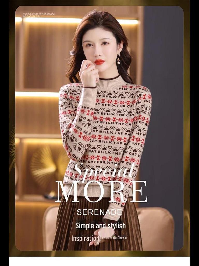 Женский свитер жаккардовой вязки с полуворотом 2024 года - Осень/Зима