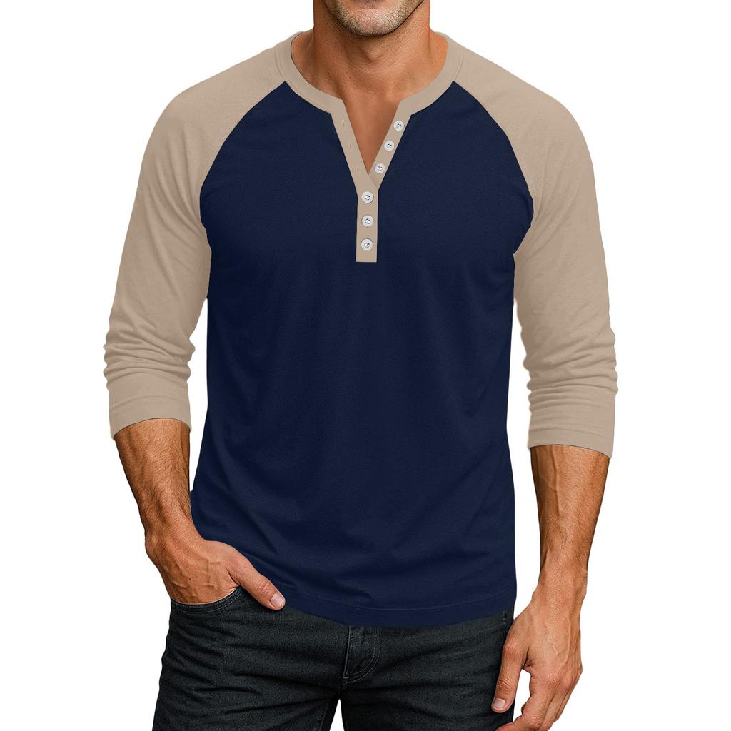 Men's Button-Down Contrast Raglan 3/4 Sleeve Top