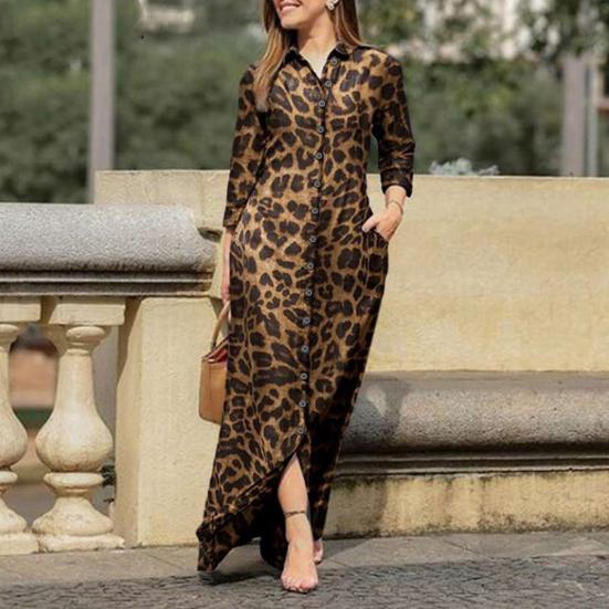 Lady Dress Dress Lapel Long Sleeve Pocket Plus Size Single Breasted Maxi Dress Sexy Leopard Geometric Patchwork Print Dress