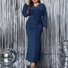 Plus Size Women Evening Dress V-Neck Long Sleeve High Waist Tight Long Dress Solid Color Shiny Fishtail Dress