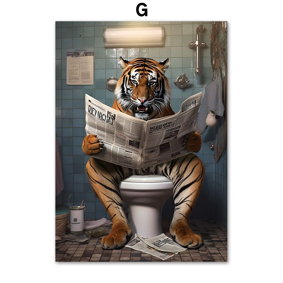Забавный юмор для ванной комнаты, Настенный декор, Лев, Леопард, Тигр, сидящий на унитазе и читающий газету, постер, художественный принт, холст, живопись