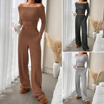 Женские костюмы-двойки Осенний повседневный топ в рубчик с длинным рукавом и вырезом-лодочкой, брюки с широкими штанинами, подходящий комплект для отдыха