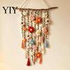 Crochet Flower Hanging Decor Bohemian Tapestry, Handmade Tassels Rustic Home Decoration with Wooden Stick, Living Room Bedroom Wall Art Soft Yarn