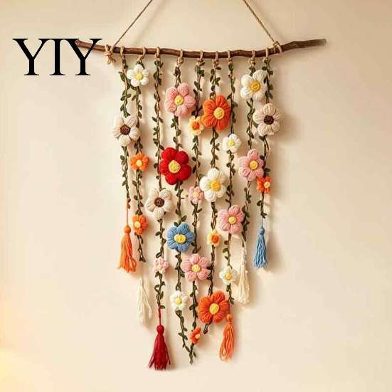 Crochet Flower Hanging Decor Bohemian Tapestry, Handmade Tassels Rustic Home Decoration with Wooden Stick, Living Room Bedroom Wall Art Soft Yarn