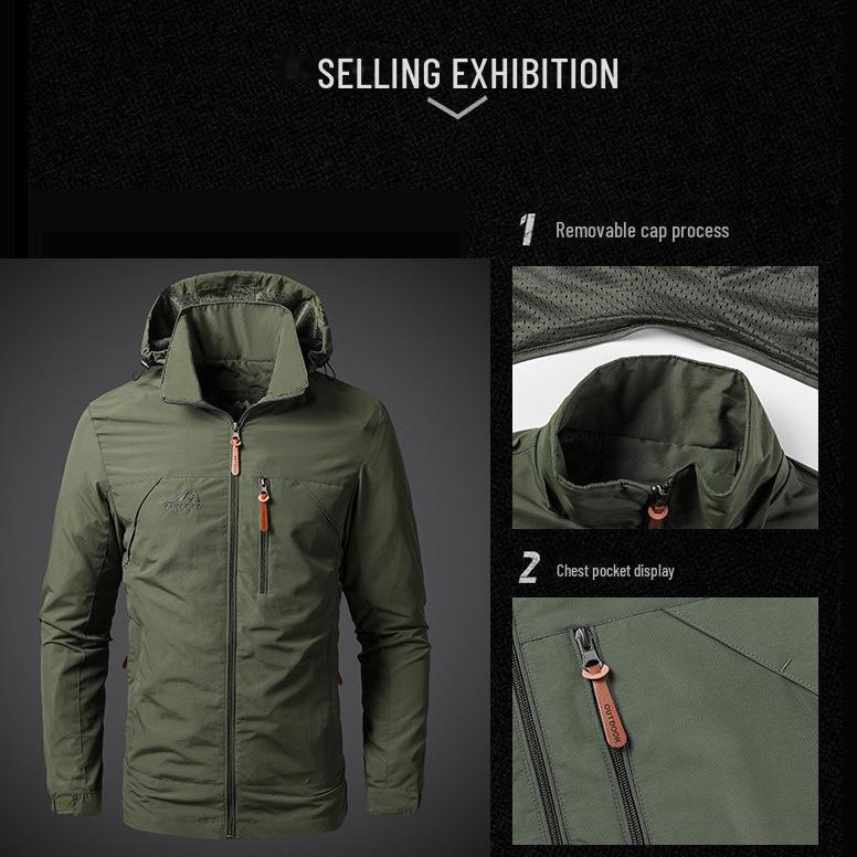 Fishing Waterproof Jacket Men's Autumn Casual Fashion Loose Detachable Cap Windbreaker Field Camping Army Green Pilot Work Coat
