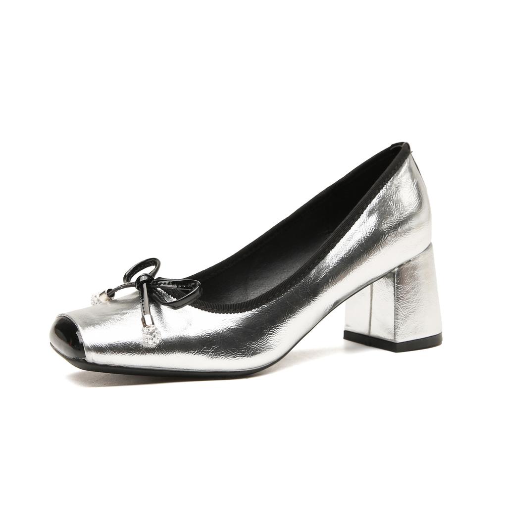 Французские ретро балетки из кожи с носком-пяточком, женские, с бантом, серебристые, для выхода в свет, с легким вырезом, на толстом каблуке, квадратный носок, туфли Мэри Джейн