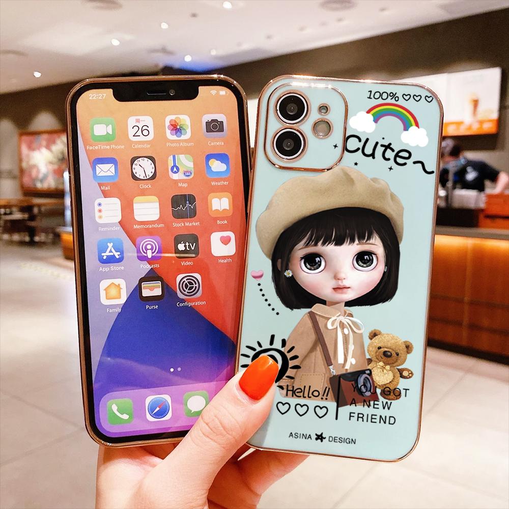 For Redmi Note 13 Pro 12 Pro 12S 11 Pro 11S 10S OPPO A38 A77s A96 Realme C33 C65 OnePlus Cute Girl Pattern Soft Plated TPU Shockproof Phone Case