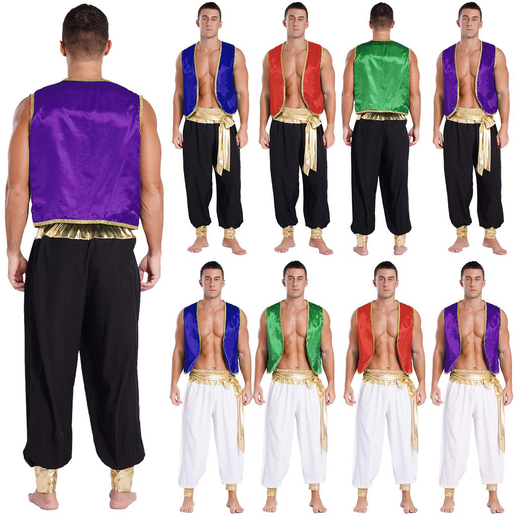 Мужской костюм Арабского принца Комплект Без рукавов Плетеная отделка Жилет с открытой передней частью Эластичный пояс Брюки в стиле пэчворк