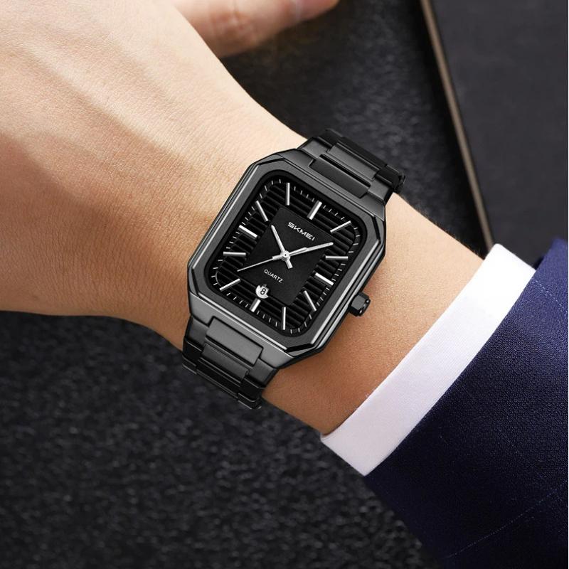 Skmei Роскошные Квадратные Кварцевые Часы для Бизнеса Классический Циферблат с Полосатым Дизайном с Браслетом из Нержавеющей Стали Наручные Часы для Мужчин