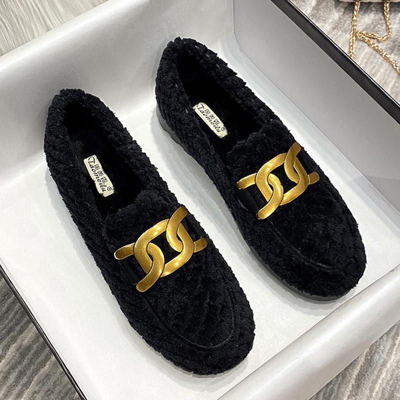 Fashion 2025 Thicken Plush Fur Flats Women Luxury Chains Lambswool Loafers Tweed Shoes Ladies Winter Warm Cotton Wool Mocasines Femmes