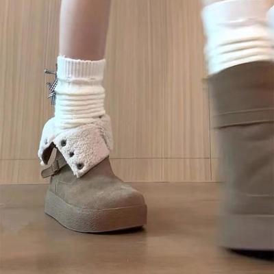 Зимняя толстоподошвенная верхняя одежда бархатные сноубутсы женские с пряжкой на ремне нескользящие два способа носки увеличивающие рост западные ботинки легкие хлопковые ботинки