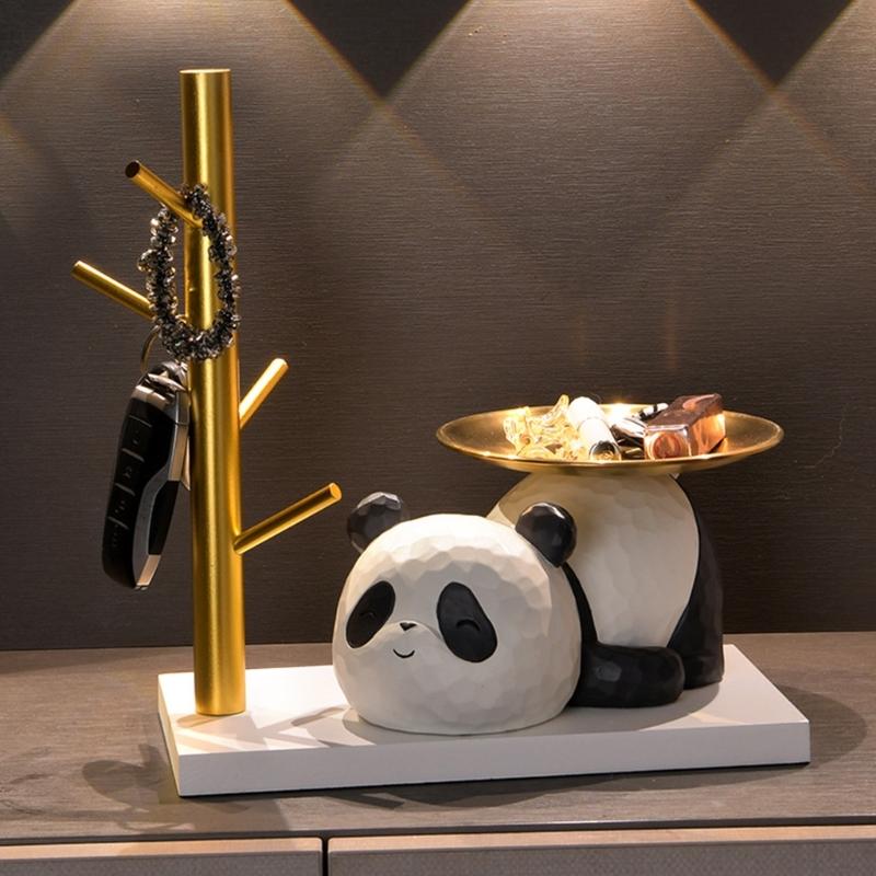 Decorative Panda Resins Statue with Storage Tray for Key and Trinkets Animal Sculpture Entryway Living Room Table Decors