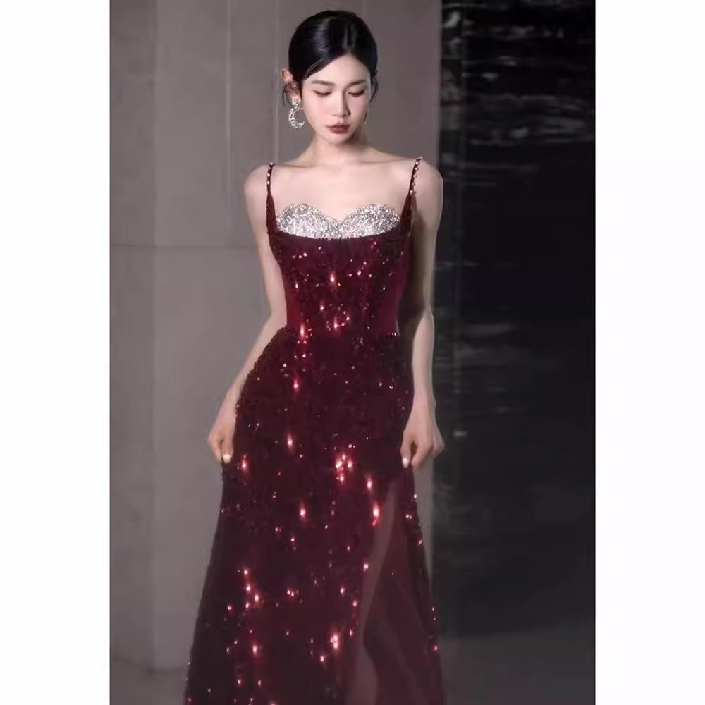 Suspender Toast Bride Wedding Return Girl Summer Style Sequin Engagement Dress French Evening Dress Burgundy