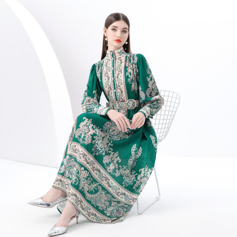 Весна-лето Женские платья больших размеров с винтажным дворцовым принтом, однобортные, длинные, макси, свободные, для праздников, с поясом