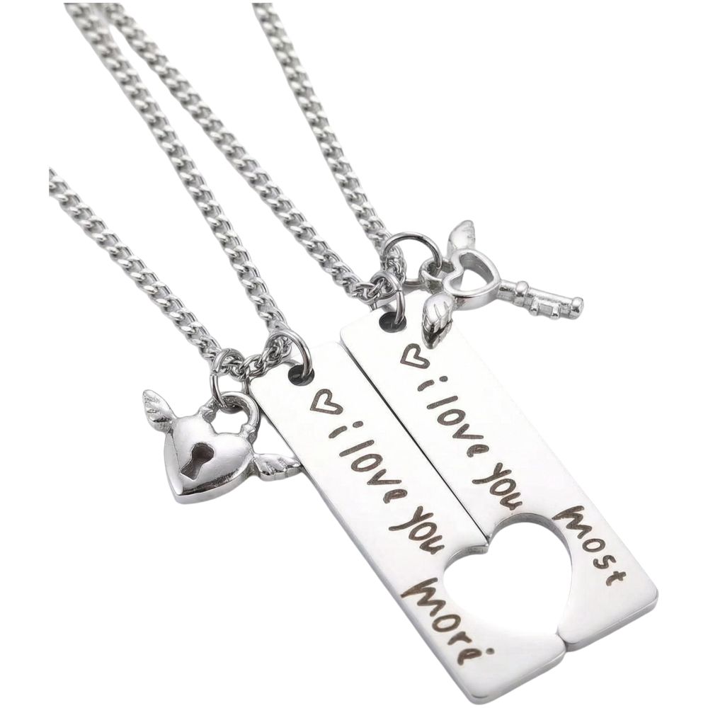 2pcs Stainless Steel Couple Necklaces Matching Puzzle Heart Lock Key Pendant  Valentine Day Gift