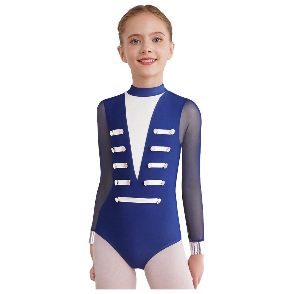 Girls Dance Leotard Sheer Mesh Long Sleeves Mock Neck Keyhole Back Metallic Stripes Buttons Bodysuit Costume