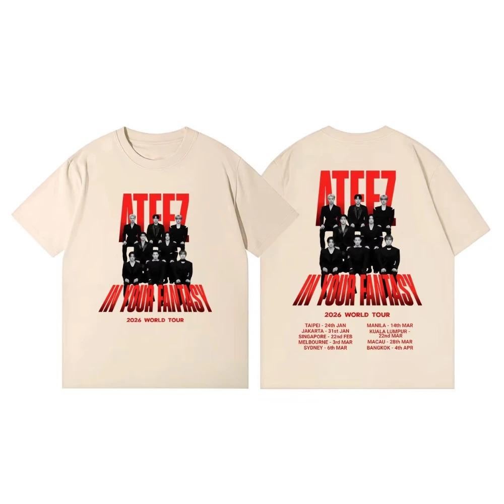 ATEEZ в вашем мире фантазий Тур 2026 Графические футболки K-pop мода Футболки с коротким рукавом Мужские Женские Повседневные Свободные Хлопковые футболки