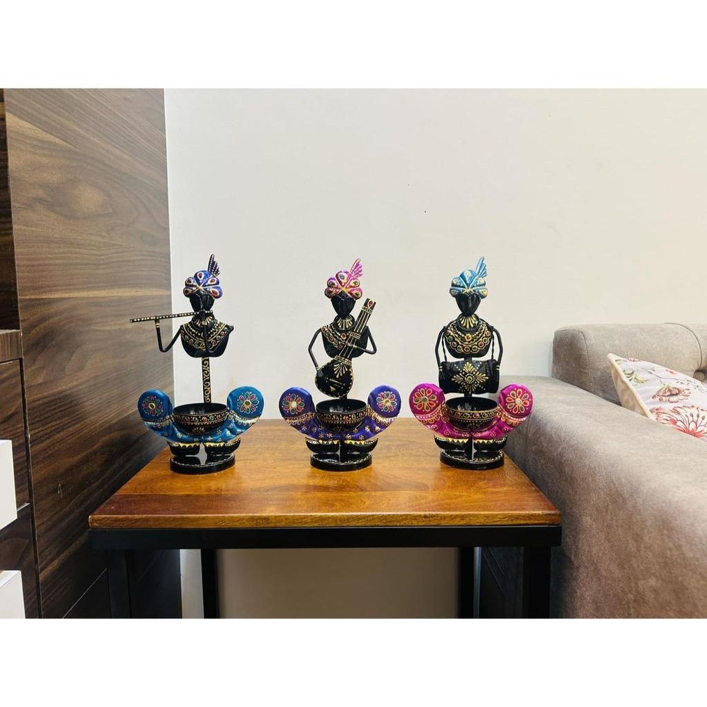 Metal Multicolor Musician Set of 3 With T-Light Stand Playing Musical Instrument Idol Handpainted Showpiece Office Decor (Each Size 7x12 Inch)