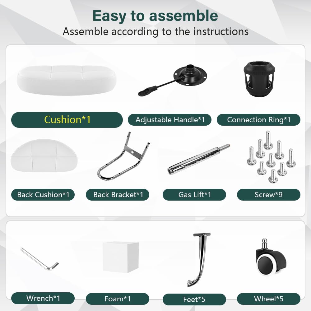 BFTOU Белый квадратный минималистский вращающийся табурет с колесиками, идеальный для работы, спа-салона, массажного стула с регулируемой высотой и роликами, со спинкой