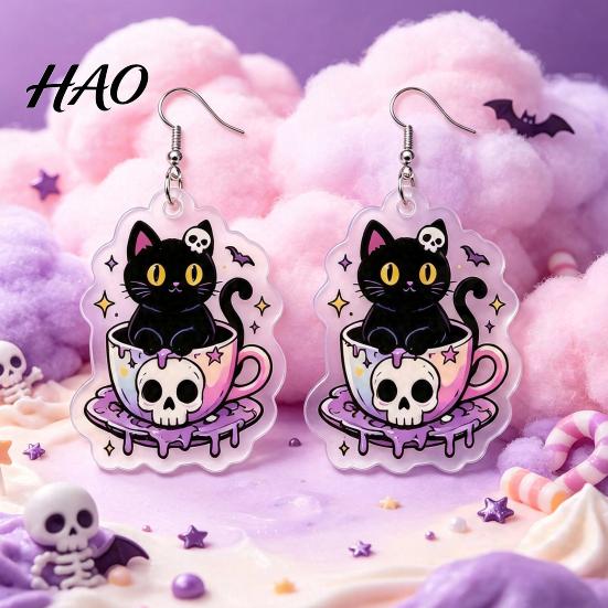 Holiday Party Decorative Earrings 1 Pair Halloween for Women, 2D Acrylic Teacup Black Cat Dark Style Jewelry Dangle Drop Earrings, Gothic Cartoon