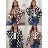 Women's Knitted Cardigan Plus Size Color Block Patchwork Check Loose Casual Sweater Coat