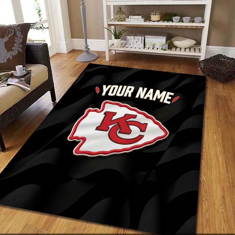Custom Name Kansas City Chiefs Flannel Pattern Square Carpet,Area Rug,Carpet Rug for Living Room Bedroom Sofa Playroom Decor,Non-slip Floor Mat