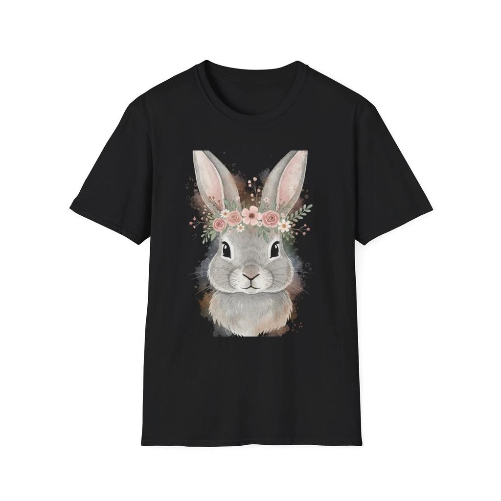 Bunny Floral Watercolor Cute Black Tee Nature Aesthetic Graphic T-Shirt