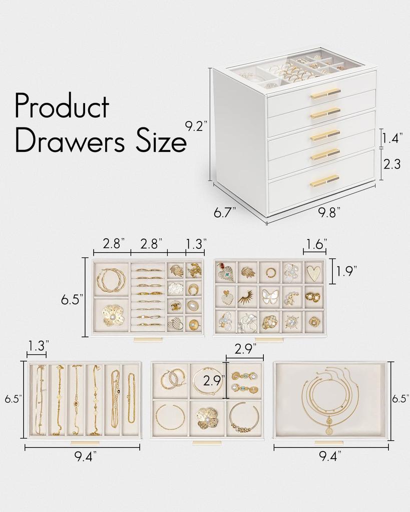 Vlando Стеклянная крышка 5-ящичковый шкатулка для украшений для женщин, Органайзер для ожерелий, колец, сережек, браслетов и аксессуаров (белый)