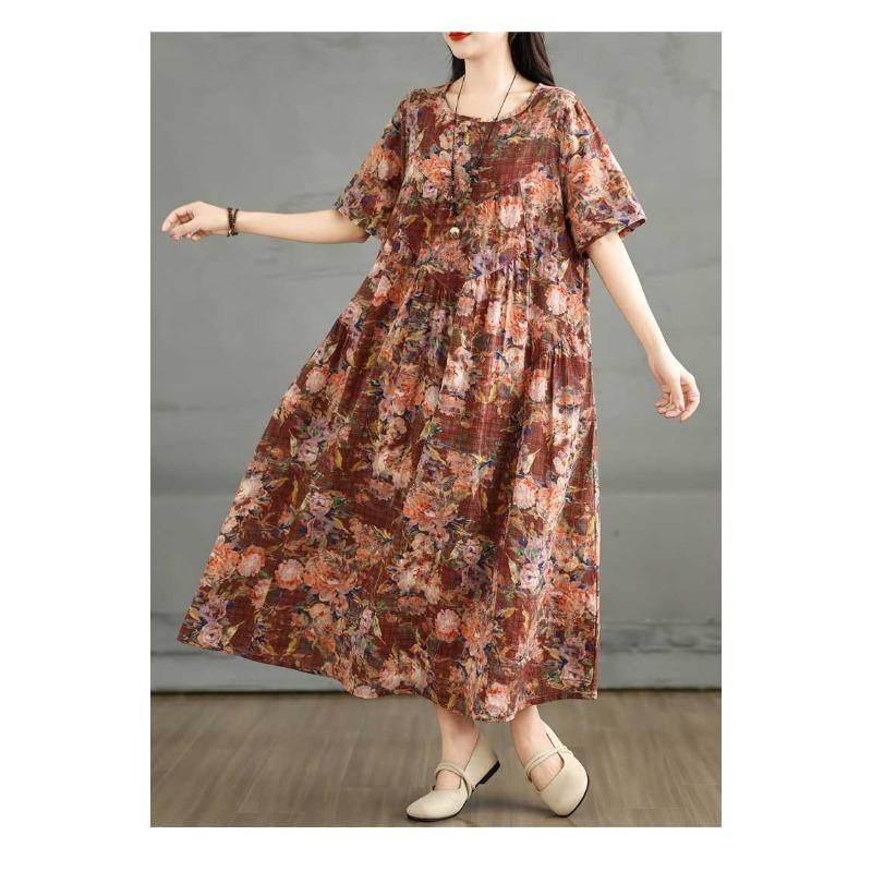 Летнее ретро платье из хлопка и льна с круглым вырезом и короткими рукавами, женская свободная юбка