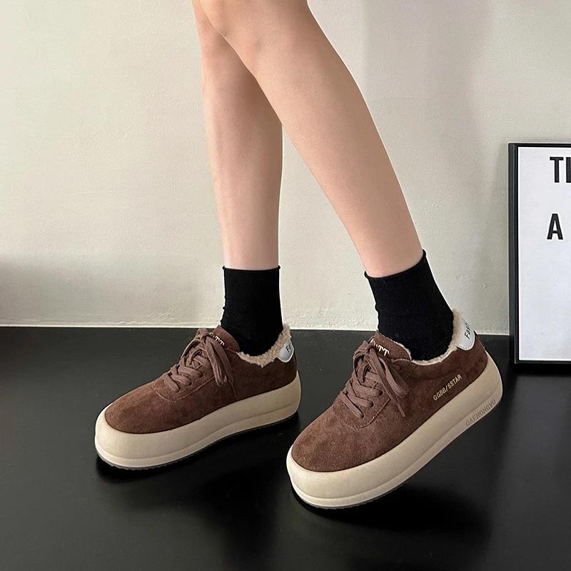 Модные зимние новые хлопковые туфли на толстой подошве, женская мода, замшевые, на шнуровке, противоскользящие, износостойкие, низкие