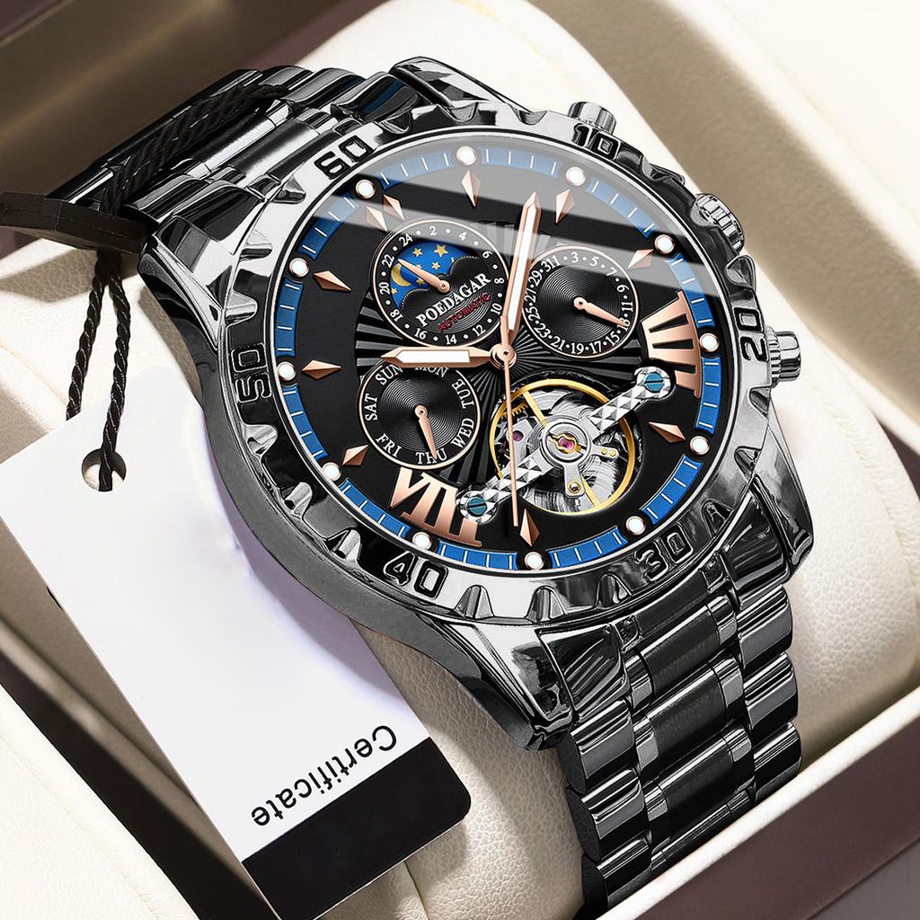 Dual Calendar Men's Fully Automatic Tourbillon Hollow Mechanical Watch Fashionable Waterproof Luminous Moon Phase Dial Men's Business Mechanical Watch