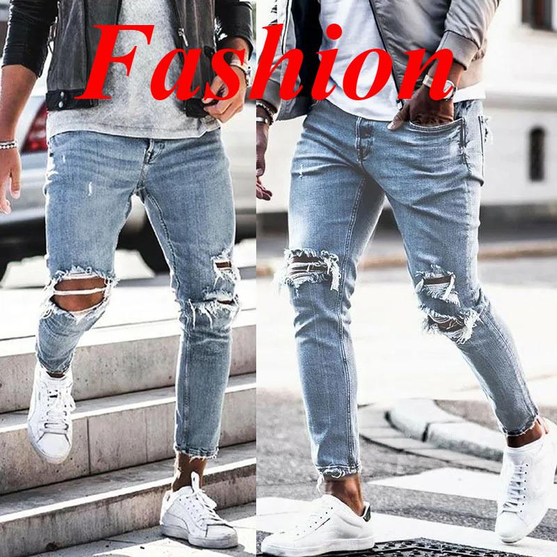 Men New Hip Hop Jean Trousers Mens Solid Color Hole Skinny Vintage Jeans Fashion Washed Ripped Slim Denim Pants for Men